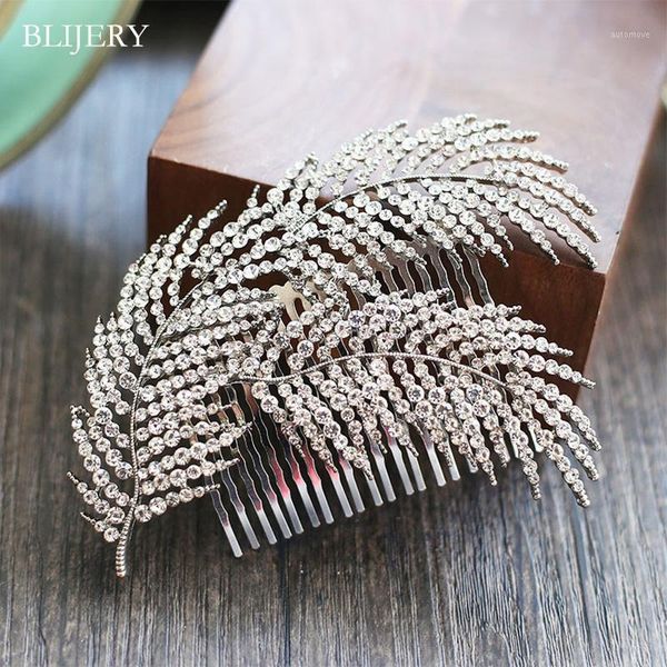 

blijery vintage large feather shape hair combs for women bridal hair accessories rhinestones crystal prom wedding jewelry1, Golden;silver