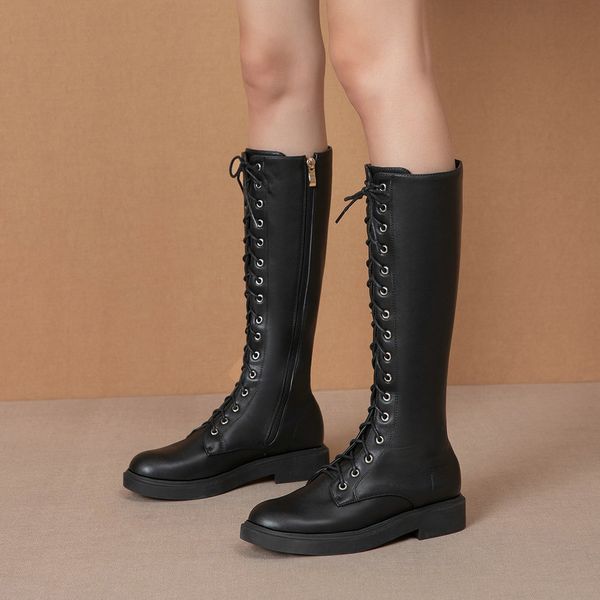 

esveva 2021 quadrado baixo calcanhar couro plutnio sapatos femininos casual dedo do p redondo rendas at zper moda senhoras joelho, Black