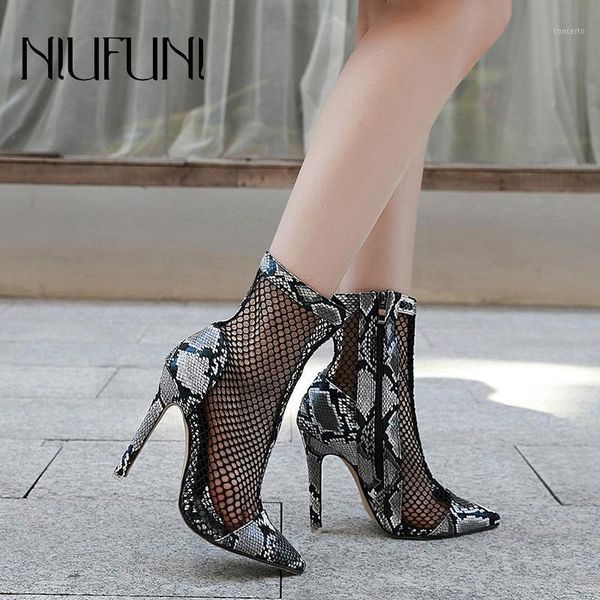 

fashion pointed toe snake print mesh women's ankle boots zipper stiletto high heels hollow women's shoes botas mujer size 35-401, Black