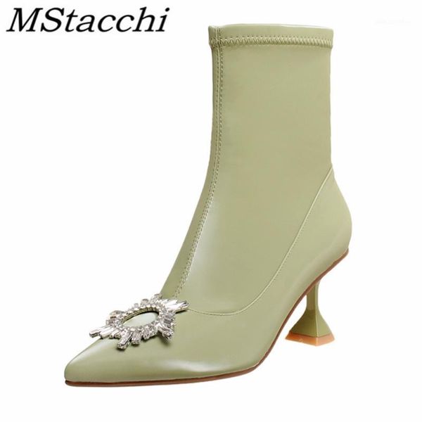 

mstacchi sun flower pointed wine glass heels women short boots side zipper solid color fashion ladies shoes botas de mujer1, Black