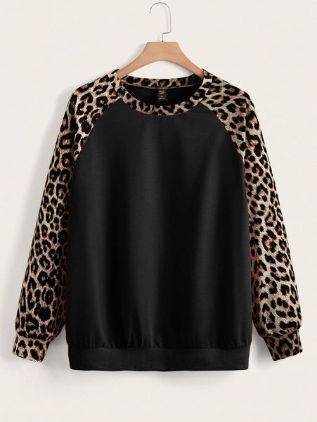 

plus leopard print raglan sleeve pullover c6dy#, Black