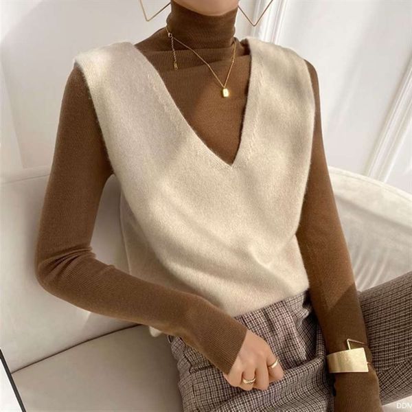 

pure color knitted 2021 spring new loose korean v-neck sleevels et vt women's wear, Black;white