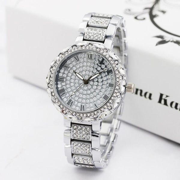

wristwatches luxury ladies watches bracelet metal quartz for women large lace full diamond roman scale steel band watch1, Slivery;brown
