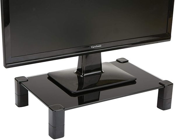 4Eleglass-blk 4 perna, monitor de mesa riser para computador, laptop, mesa, imac, dell, hp, black vidro stand