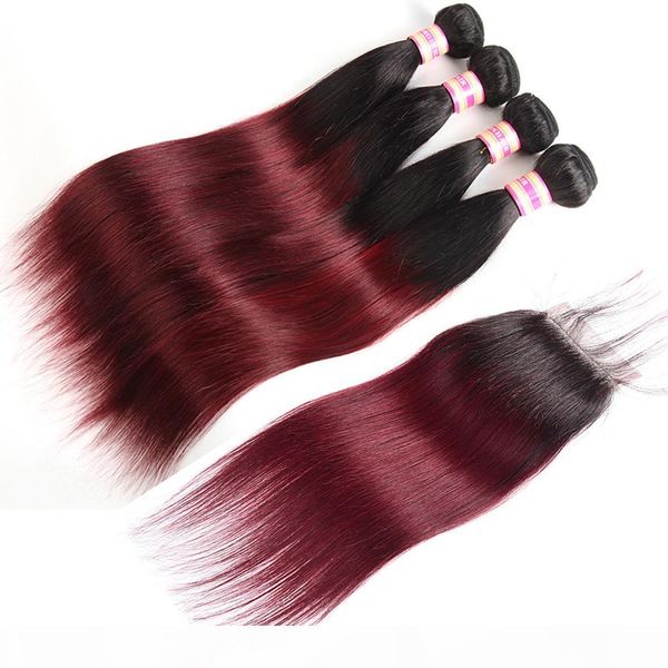 

ombre t1b 27 ,t1b 99j brazilian body wave 3 bundles with 4x4 lace closure 2 tone color black to honey blonde human hair weft, Black;brown