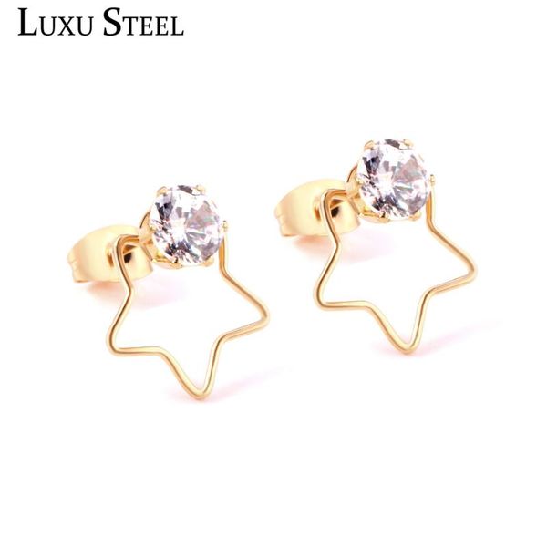 

luxusteel baby/girl/women earring stainless steel star shape with cubic zirconia stud earring push back jewelry wholesale gift, Golden;silver