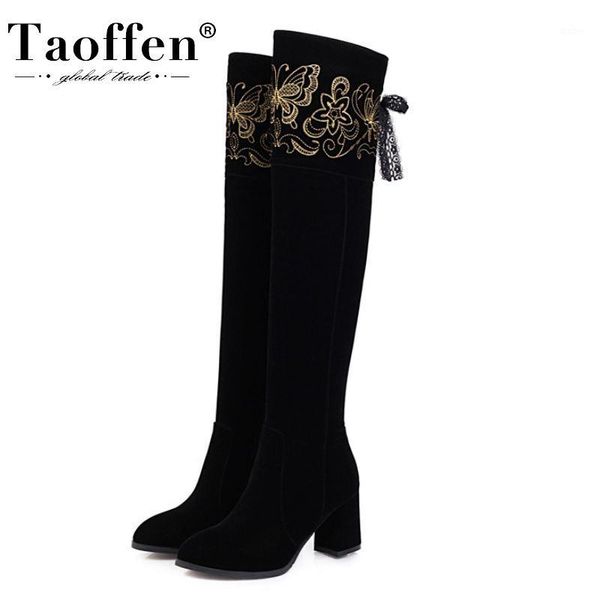 

taoffen new fashion women over the knee boots round toe thick high heel zipper flower pattern shoes ladies footwear size 33-431, Black