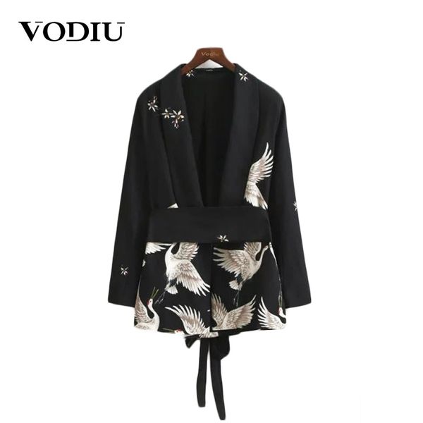 

autumn notched collar women cranes vintage black blazer new ladies outwear female jackets casual sashes coat chinese style y201026, White;black