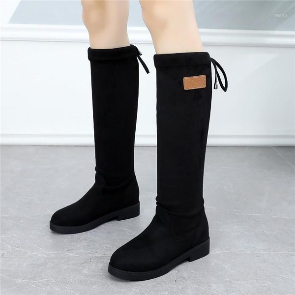 

lady boots shoes winter footwear round toe booties woman 2020 low heel thigh high heels high luxury designer1, Black