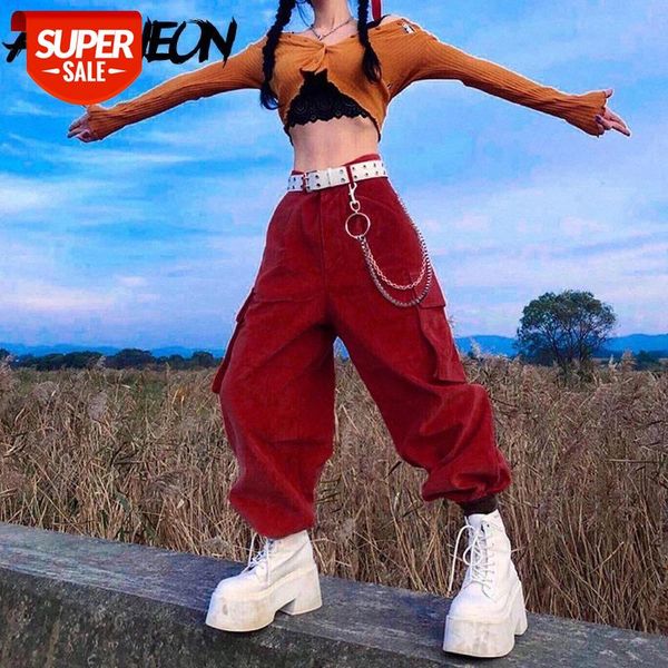 

allneon harajuku 90s fashion corduroy cargo pants with chain y2k aesthetics high waist baggy red trousers e-girl streetwear #uf51, Black;white
