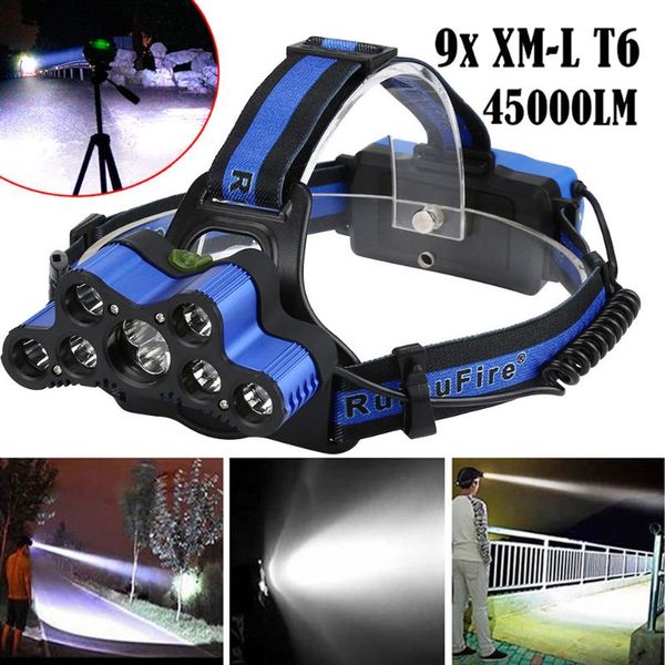 

led rechargeable headlamp headlight travel head torch outdoor hiking camping accessories hunting equipment 45000 lm 9x xm-l t6