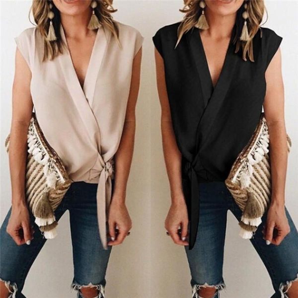 

sexy toll deep v chiffon женщины блуза рубашка летние недостаток без рукавов топ блузка летние повседневные офисные уличные топы, White