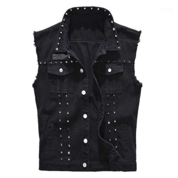 

male motorcycle jacket sleeveless denim vest men's punk rock style rivet cowboy black jeans waistcoat edge tanks1, Black;white