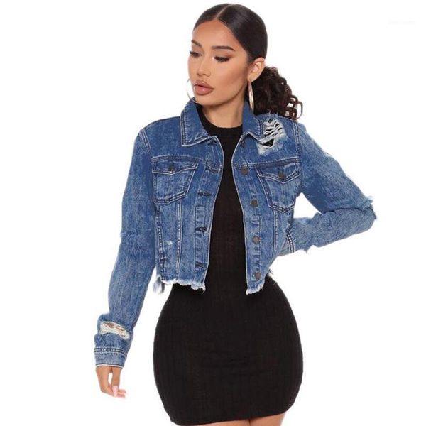 

blue jean jacket women ripped hole tassel cropped jacket lady vintage single breasted long sleeve denim coat mujer chaqueta1, Black;brown