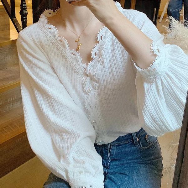 

blusas mujer de moda 2020 solid office lady lace v-neck long sleeve shirt blusas mujer womens blouses tee ropa1, White