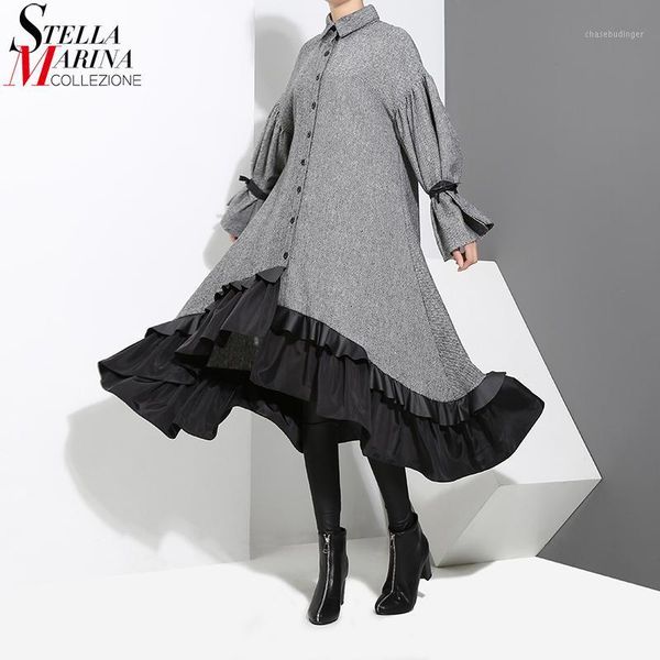 

new 2020 winter women plus size gray shirt dress long sleeve patchwork warm wear ruffled elegant party dress vestidos style 30731, Black;gray