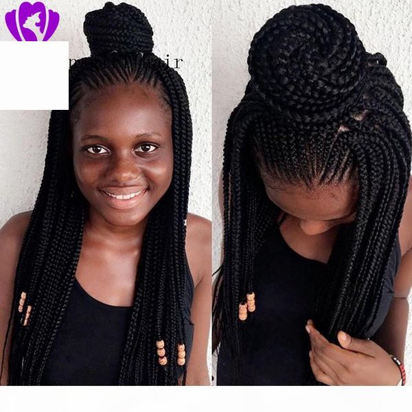 

long braided lace front wigs black color box braids with baby hair glueless synthetic lace front wigs for black women, Black;brown