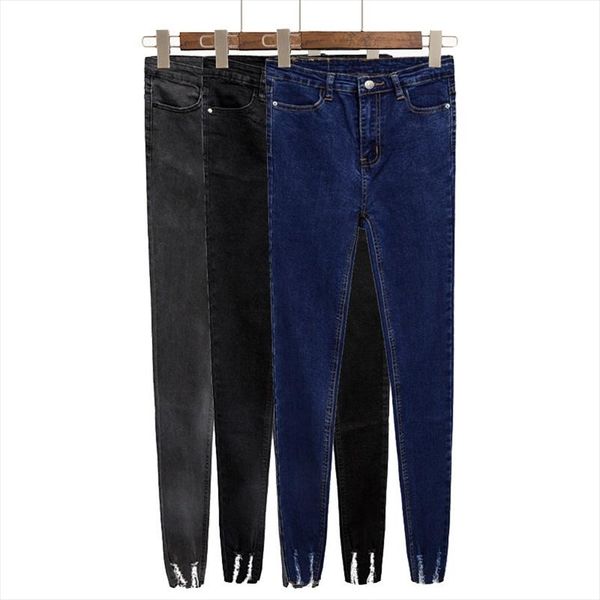 

new slim stretch high waist skinny jeans female scratch worn feet vintage black blue pencil pants women jeans plus size s 4xl