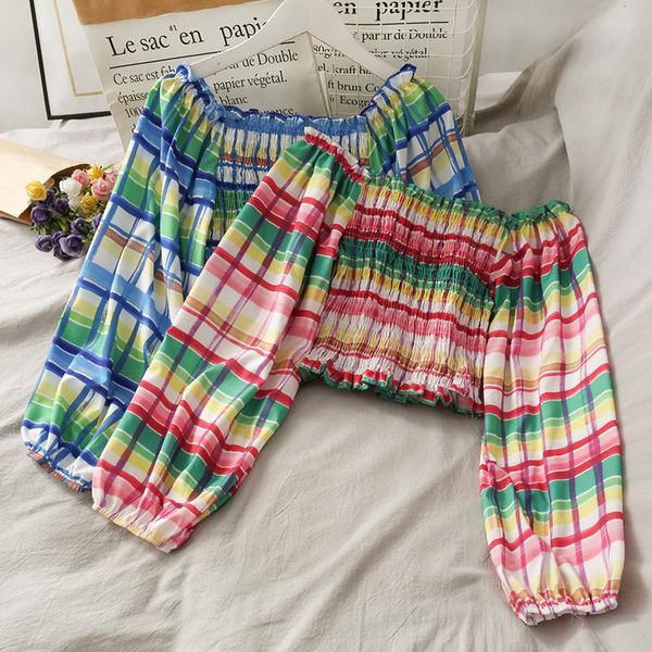 

women's blouses & shirts hyuna style color striped short umbilical tights 2021 off shoulder bubble long-sleeved small shirt, White