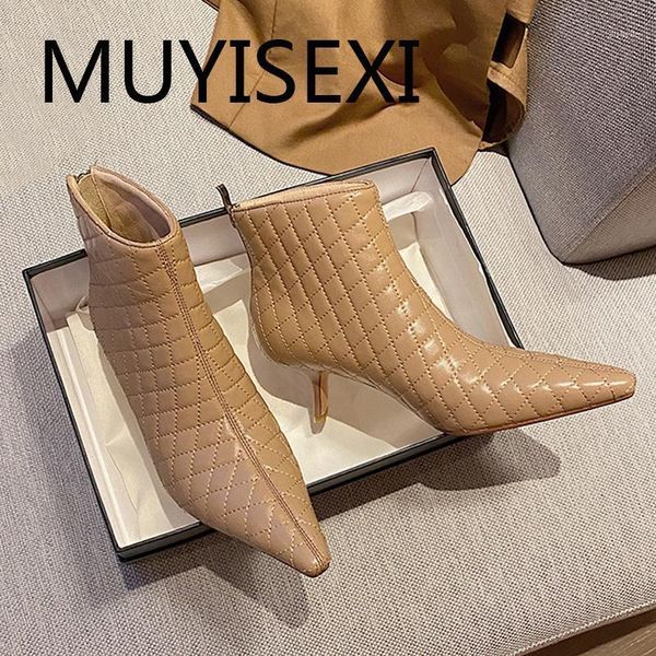 

boots pointed toe zipper ankle genuine leather 6.5cm high thin heel solid office lady keep warm cozy winter shoes dmj37 muyisexi1, Black