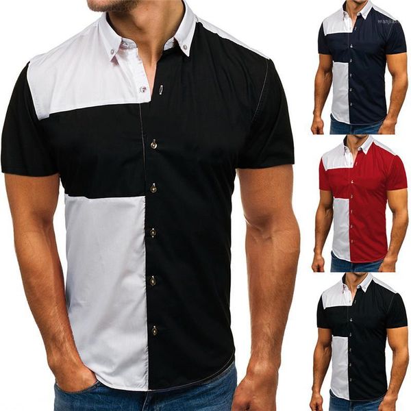 

hulooxuji shirt for man new summer slim fashion business color patchwork button casual short sleeve comfortable blouses1, White;black