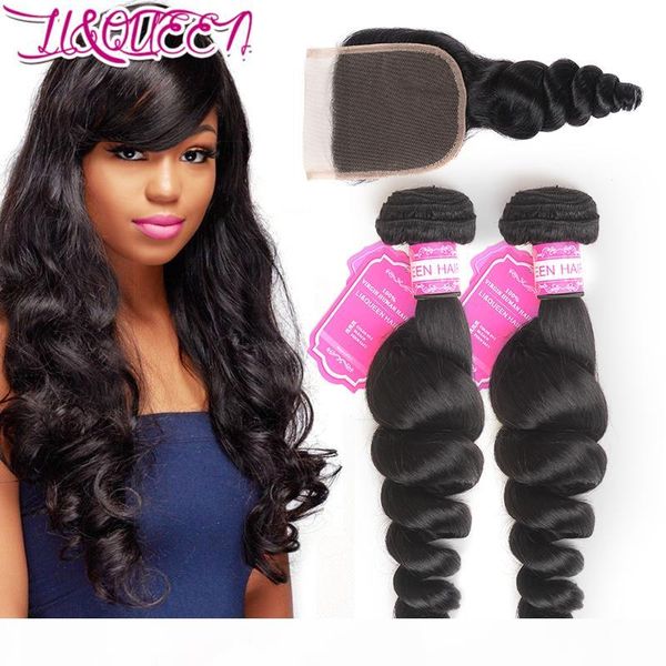 

virgin peruvian unprocessed human hair extension loose wave 2 bundles with 4x4 lace closuer double weft wavy closuer with bundles 8-28inch, Black;brown