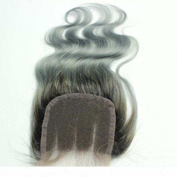 

4x4" grey wet and wavy brazilian hair body wave lace closure 10"-20" middle three part ombre lace closure human hair, Black;brown