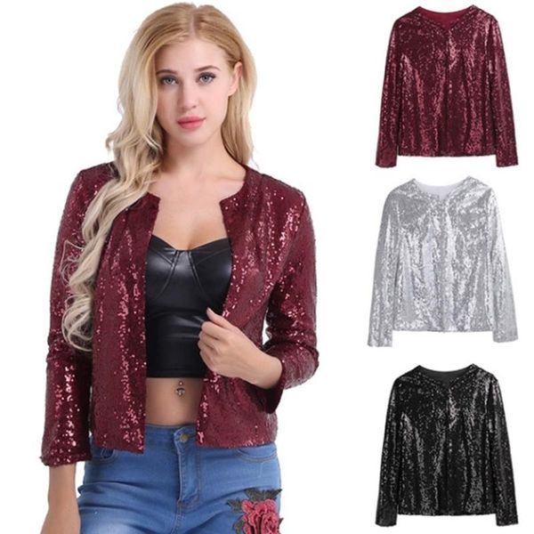 

ms. suit jacket europe blingbling new sequined long-sleeved jacket dark buckle round neck small suit, White;black