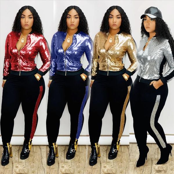 

s 3xl winter women set full sleeve tracksuit sequined jackets pants suit two piece set night club party fall outfit g5148, Gray