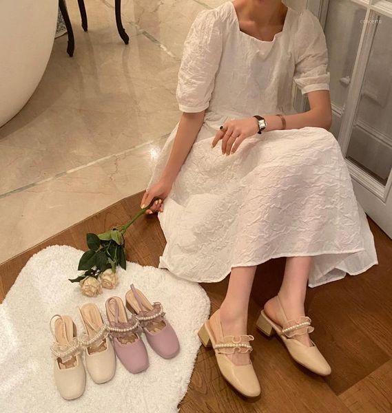 

string beaded lacework princess shoes women closed toe rear band sandalias mujer slingback pearl ruffles med high heels sandals1, Black