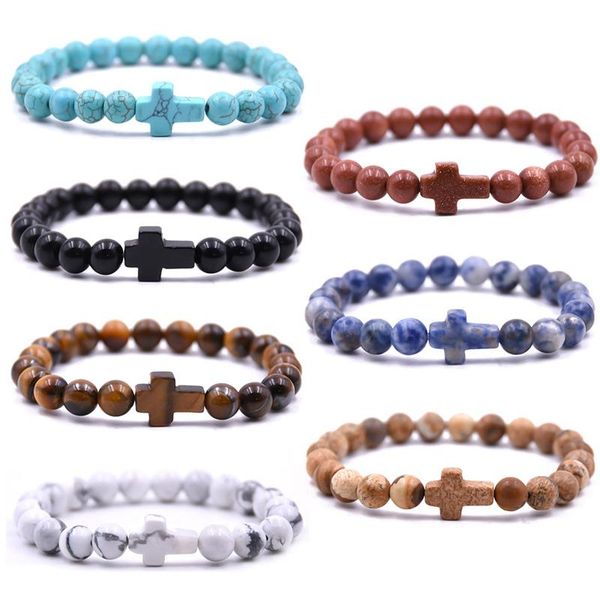 

beaded, strands charm natural stone bracelet cross black lava matte beaded bracelets handmade men women prayer fitness chain couple