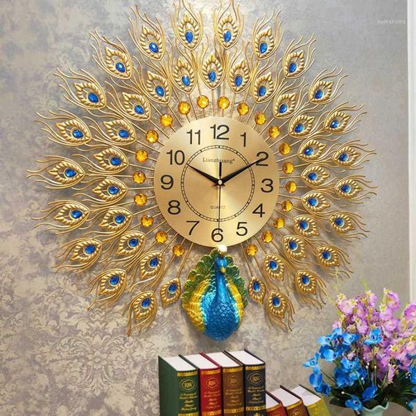 

peacock luxury large wall clock digital silent golden home wall clock living room modern design reloj de pared home decor oo50wc1