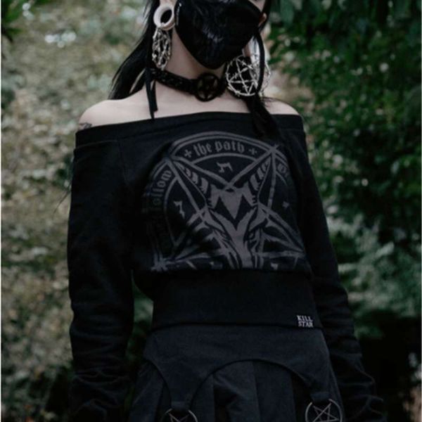 

2021 girl dark wind series one letter collar printed t-shirt, Black;gray