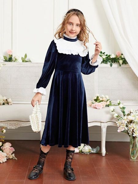 

girls eyelet embroidery flounce sleeve velvet dress she, Red;yellow