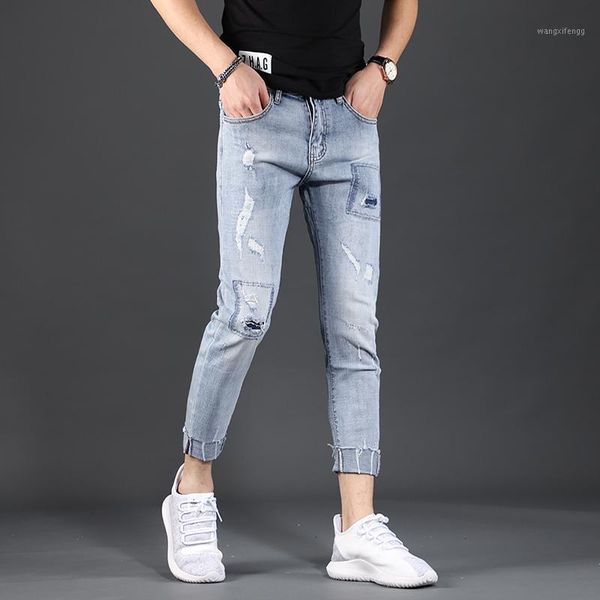 

men ripped ankle-length pants summer blue slim fit stretch jeans1