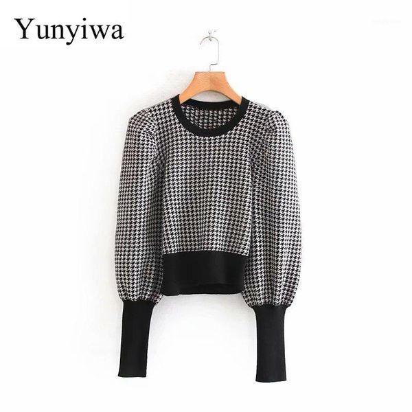

2019 new women vintage houndstooth pattern puff sleeve casual sweater ladies basic o neck knitted pullover autumn chic 1, White;black