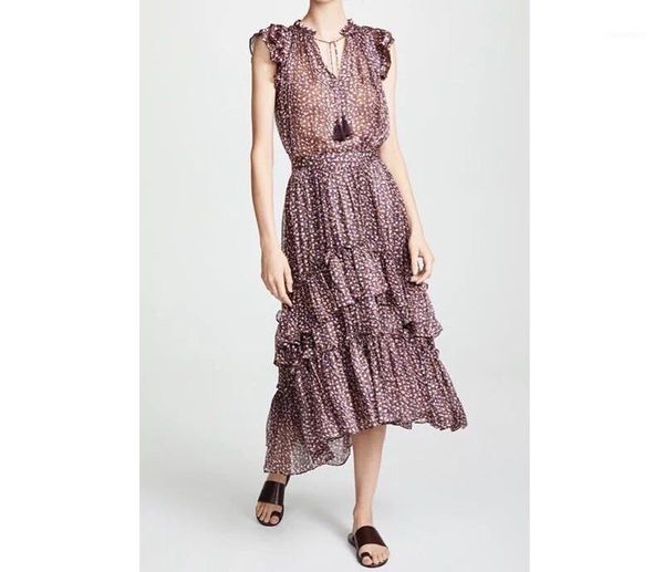 

2020 new women silk summer blouse flower print short ruffle sleeve v neck gold line luxurious layered shirt with tassel1, White