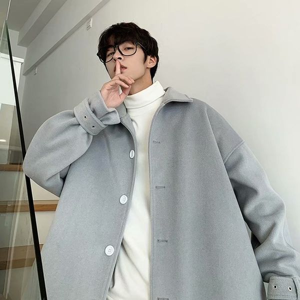 

ins autumn short korean trend loose woolen jacket men's ulzzang casual coat, Black;brown