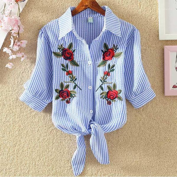 

2020 new women blouse short kimono pinstripe hem puff sleeve blue striped shirt blusas embroidered appliques blouse, White
