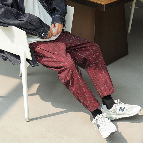 

2020 autumn new casual pants men vintage cotton plaid trousers ankle length washed drawstring checkered harem pants male1, Black