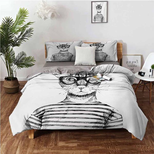

hand drawn dressed up hipster new age cat fashion urban spirit artwork printbedding 3-piece set