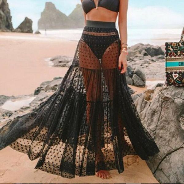 

women's swimwear women's ladies beach style summer cover up see through skirt high waist bodycon slim long maxi tutu sun dress1, White;black