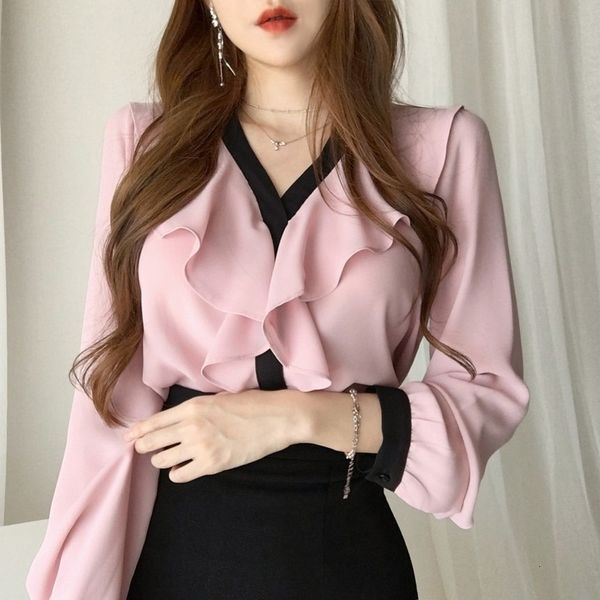 

2021 new chiffon women's fashionable shreds ruffled v puff korean style blouse office lady spring clothes hy4n, White