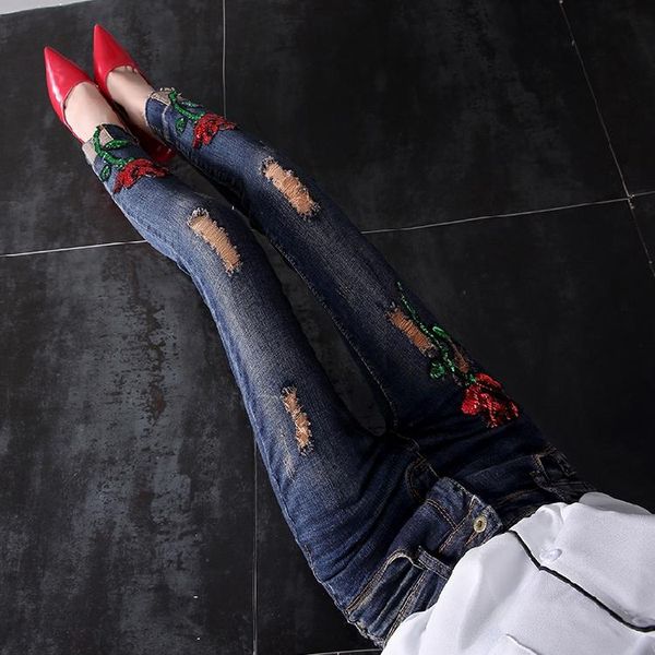 

2020 new spring autumn fashion women's denim trousers hole sequins rose students pants all-match skinny jeans for women, Blue