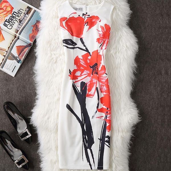 

women summer dress 2021 vintage elegant slim sleeveless print floral bodycon pencil dresses plus size vestidos, Black;gray