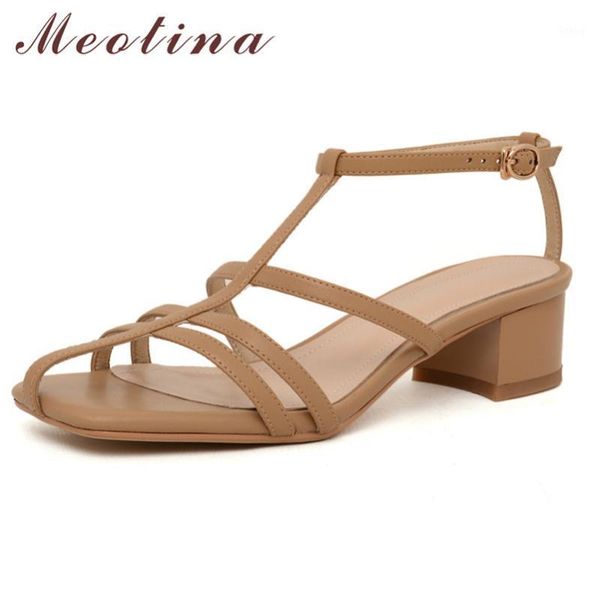 

meotina t-strap sandals women narrow band real leather mid heel shoes square toe block heels buckle sandals summer beige size 401, Black