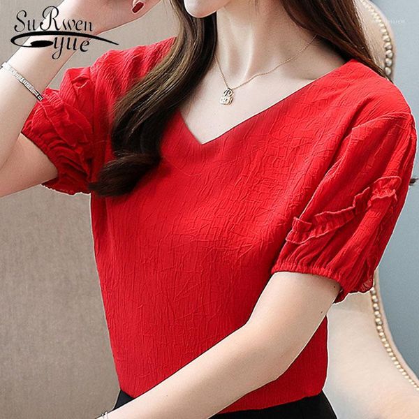 

women blouse and 2019 new v-collar chiffon blouses with short sleeves red and purple of summer blouses in summer 3459 501, White