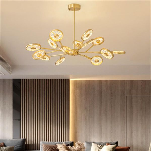 Cobre Indoor Stents Pingente Lâmpadas de Luxo Atmosfera Sala de estar Cristal Chandelier Luzes Simples Designer moderno iluminação