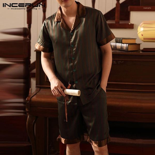 

incerun 2020 fashion striped men pajamas sets short sleeve lapel pyjamas soft shorts leisure cozy mens sleepwear sets homewear 71, Black;brown