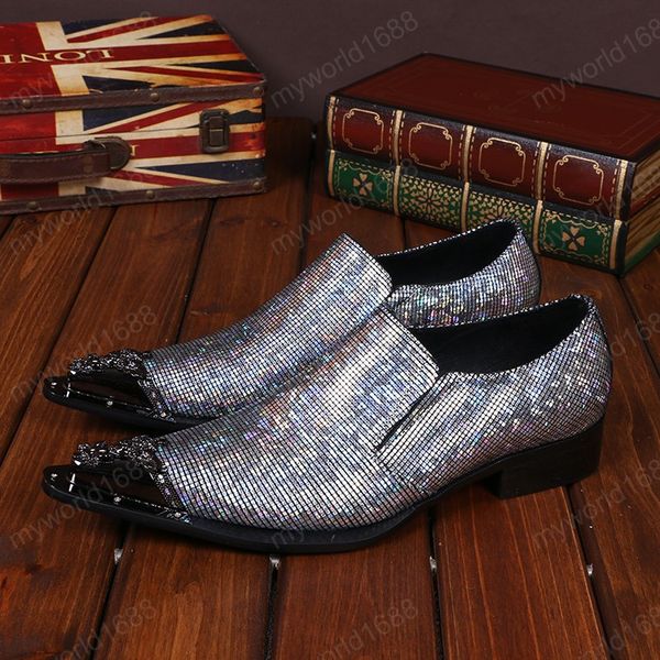

fashion party male silvery sequins real leather shoes metal pointed toe male nightclub shoes men's prom shoes, Black